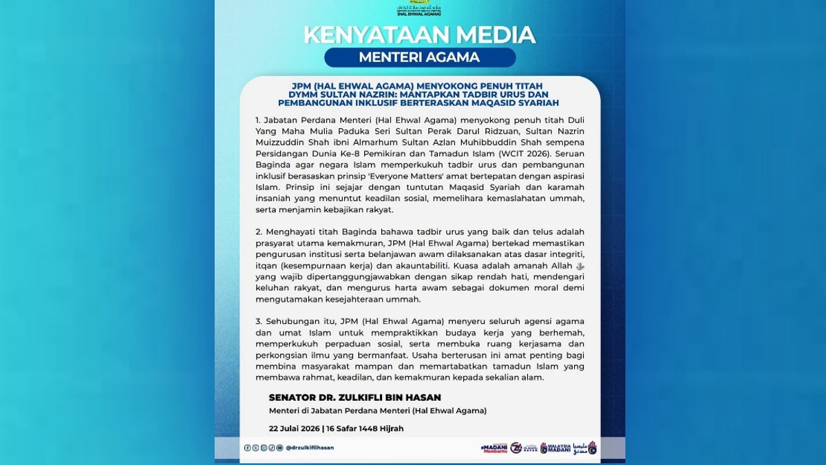 Malaysia's Religious Affairs Ministry to Embed Sultan Nazrin's 'Everyone Matters' Governance Principle
