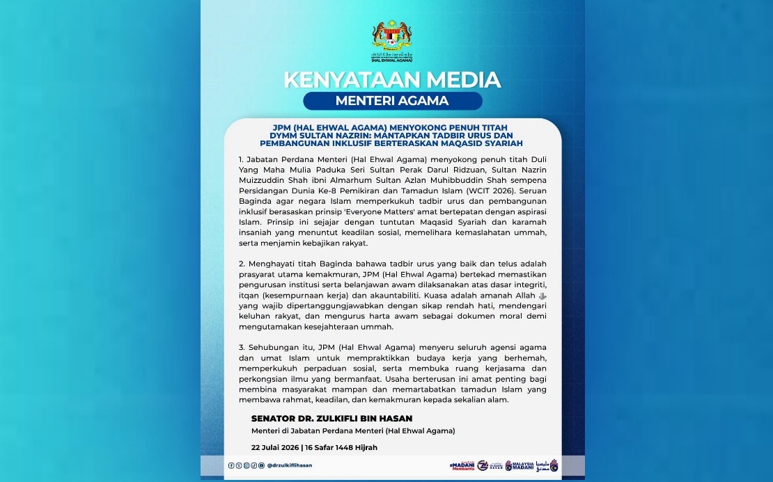 Malaysia's Religious Affairs Ministry to Embed Sultan Nazrin's 'Everyone Matters' Governance Principle